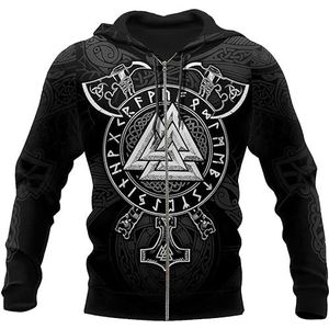 Viking-hoodie met rits for heren, Noorse mythologie Keltische bijl Pullover met volledige ritssluiting, buiten, grote zak met trekkoord en capuchon (Color : A, Size : 3XL)