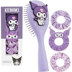 Hello Kitty Sanrio Haarborstel & Scrunchies Set voor meisjes, tieners, vrouwen, Kuromi, Cinnamoroll leuke spullen, ontklitterborstel, Kawaii cadeaus voor haar (Kuromi Brush & Scrunchies)