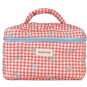 Geruite schattige cosmetische tas met rits make-up organizer opbergtas katoen gewatteerde cosmetische organizer tas voor vrouwen en meisjes, Rood, L, esthetische/bloemen