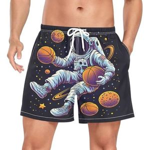 Niigeu Space Astronaut Planets Basketball Ball Zwembroek voor heren, sneldrogend, met zakken, Leuke mode, L