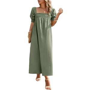 CHOYES Maxi zomerjurk met korte mouwen voor dames, vierkante hals, pulloverjurk, losse vloeiende zoom, boho-jurk, strand, dagelijkse kleding, Groen, XL