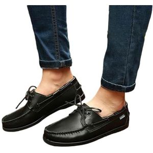 Klassieke Britse Herenschoenen Met Vetersluiting Van Echt Leer, Casual Modeloafers, Mocassins(Black,46 EU)