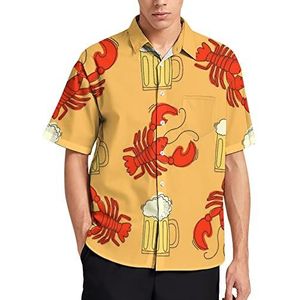 Bier en rivierkreeft Hawaiiaans shirt voor heren, zomer, strand, casual, korte mouwen, button-down shirts met zak