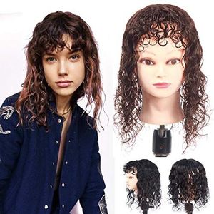 16 Inch Menselijk Haar Topper Kroonclip in Haarstukje voor Vrouwen Met Dunner Haar Lichte Golvend, Rechte Pony, Zwart Bruin