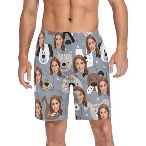 Grappige Honden Custom Pyjama Broek Voor Heren Geschenken Katoenen Broek met Zakken voor Volwassenen Zachte Joggingbroek Verjaardagscadeaus S, Leuke hondengezichten op grijze aangepaste short, XL