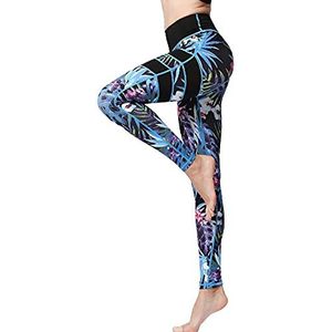 FLYILY Gedrukte Yoga Broek Womens Hoge Taille Gym Sport Leggings Tummy Control Running Workout Compressie Panty Stretch Patroon Leggings(BlackLeaf,M)