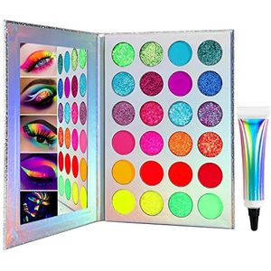 Neon Kleurrijk Oogschaduw Palet Pigment Fluorescent Glitter Mat,Afflano UV Blacklight Glow in Dark Lichtgevende Sterk Gepigmenteerde Eyeshadow Palet,Blauw Rood Paars Groen Eye Makeup Paletten 24 Color