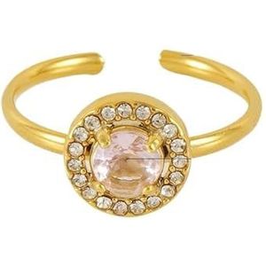 Damesbloemring roestvrij staal liefde vierkant dubbellaags diamant 18K ring live mond verstelbare zirkoonring (Color : Circular [Pink]_Adjustable)