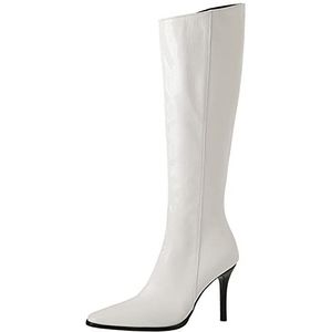 Onewus Sexy kniehoge laarzen met puntige kant en stiletto's en ritssluitingen voor modevrouwen, wit, 34 EU