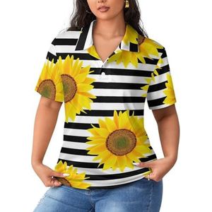 Zonnebloemen op Zwart Wit Gestreepte Dames Korte Mouw Poloshirts Casual Kraag T-shirts Golf Shirts Sport Blouses Tops 5XL