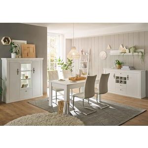 Lomadox Eetkamermeubelset 4-delig met verlichting, pijnboom wit in landelijke stijl, 1 highboard, 1 wandboard, 1 dressoir, 1 eettafel
