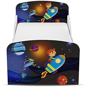 Leomark Modern Wit Houten Kinderbed met Lade en 140x70 cm Matras - UV-druk (Planeten)- complete set- houten bed met matras + lattenbodem