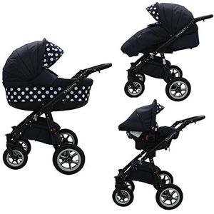 Wandelwagen voor grote ouders, babyzitje en Isofix, selecteerbaar, Quero by Saintbaby Black Dots Navy 015 3-in-1 met babyzitje