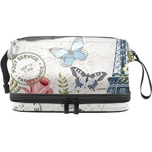 Grote capaciteit reizen cosmetische tas,Parijs Eiffeltoren,Make-up tas,Waterdichte make-up tas organisator, Meerkleurig, 27x15x14 cm/10.6x5.9x5.5 in