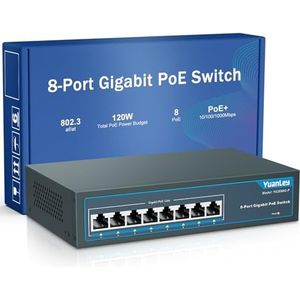 YuanLey 8-poorts Gigabit PoE-schakelaar, 8 PoE+-poort 1000 Mbps, 120 W 802.3af/at, metalen fanless onbeheerde plug en play
