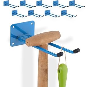 2x bezemhouder muur, 24 cm, staal, dubbele haken 25 kg, voor garage & schuur, ophangsysteem tuingereedschap, blauw