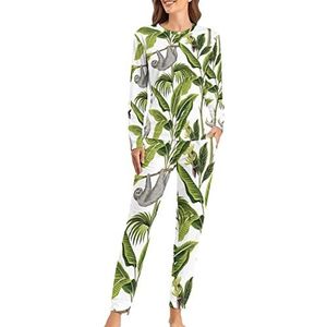 Palm Leaf Luiaard Zachte Dames Pyjama Lange Mouw Warm Fit Pyjama Loungewear Sets met Zakken XS
