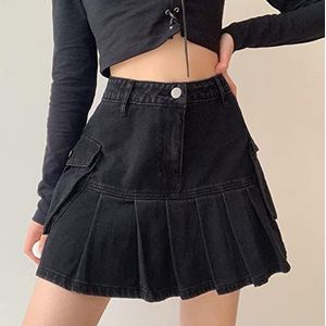 Jeans Mini Rok Goth Denim Geplooide Rokken met Grote Zakken Vrouwen Zomer Punk Y2K Zwart Faldas Hoge Taille Koreaanse Mode