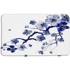 Badkamertapijten kersenbloesem badmat blauwe bloesem lente bloem tak bloemblaadjes Aziatische Japanse aquarel artistiek zacht traagschuim antislip achterkant badkamer tapijten 76 x 61 cm