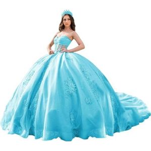 Fuomomo Quinceanera Prinsessenjurk met ruches en staart Quinceanera jurk van tule met parels schattige jurk 16 MT052, Blauw, 42