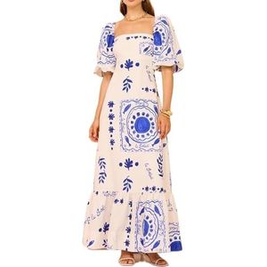 Damesjurk met verpletterde bloemen, Boheemse bedrukte jurk met vierkante hals, slanke lange jurken met lantaarnmouwen(Color:Blue,Size:M)
