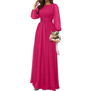SAYNO Chiffon bruidsmeisjesjurk voor dames, bruiloft, cocktailjurk, ruches, avondjurk, baljurk, grote maten, Fuchsia, 32