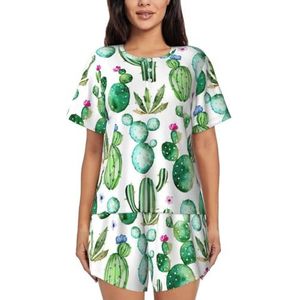 YQxwJL Tropische Cactus Boom Bloem Print Vrouwen Pyjama Sets Shorts Korte Mouw Lounge Sets Nachtkleding Casual Pjs Met Zakken, Zwart, L