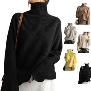 Loose Cashmere Turtleneck Sweater Cardigan, Women's Turtleneck Pullover Argyle Sweater, Versatile Cashmere Turtleneck, Cable Knitted Pullover Jumper (XL,Black)