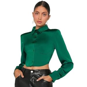 dames topjes Effen cropped overhemd met knoop aan de voorkant (Color : Dark Green, Size : XL)
