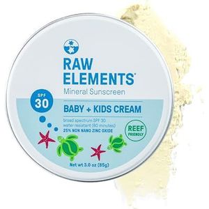 Raw Elements Baby + Kids SPF 30 biologische zonnebrandlotion zonder nano-zinkoxide, gripvast, dierproefvrij, zacht en hydraterend, Zero Waste doos, 85 ml