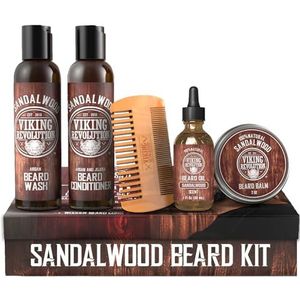 Viking Revolution - Baardset voor heren – verzacht, hydrateert en verlicht jeuk – bevat na shampoo en baardshampoo, baardkam, balsem en baardolie voor heren – sandelhout