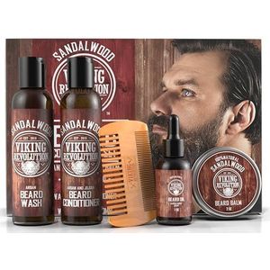 Viking Revolution - Baardset voor heren – verzacht, hydrateert en verlicht jeuk – bevat na shampoo en baardshampoo, baardkam, balsem en baardolie voor heren – sandelhout