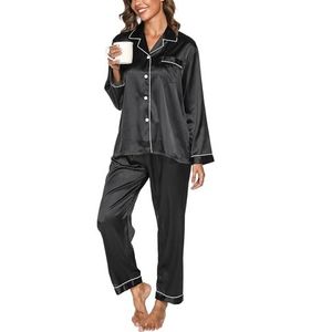Pyjama Dames Satijnen Pyjama Set met knoopsluiting, Tweedelige Zijden Pyjama Voor Dames, V-hals Zachte Zijden Pyjama Nachtkleding, Loungewear Voor Alle Seizoenen