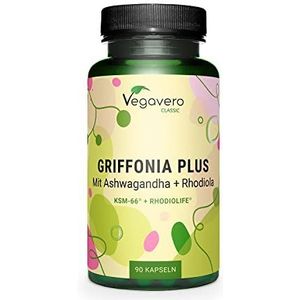 Vegavero 5-HTP capsules van Griffonia extracten | Met Ashwagandha KSM-66® en Rhodiola Rosea Rhodiolife® | Laboratorium getest | Zonder toevoegingen