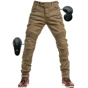 SHUOJIA Heren motorjeans met bescherming motorfiets biker broek 4 X beschermende uitrusting (kaki, L)
