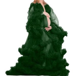 Lange Mouw Geplooide Moederschap Tule Gewaad Voor Fotoshoot Zwangere Badjas Pure Lingerie Nachtjapon AH151, Emerald Groen, 36