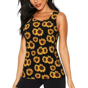 Gouden Zonnebloemen Print Stijlvolle Atletische Tanktops Activewear Yoga Hardlopen Wandelen Zomer Fitness Training, Zwart, S