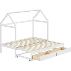 Idemon Uitschuifbaar kinderbed, slaapbank 90/180 x 190 cm met laden en lattenbodem, bed van grenenhout met opbergruimte (wit)