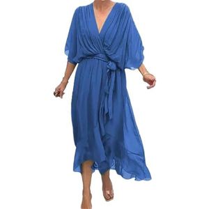 CupitiDU Stijlvolle en elegante maxi-jurk met V-hals, elegante vloeiende chiffon maxi-zomerjurk met korte mouwen voor dames, Blauw, 5XL