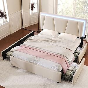 Idemon Gestoffeerd bed met ledverlichting en 4 laden, hoofdeinde in hoogte verstelbaar, tweepersoonsbed, bedframe, lattenbodem van hout (zonder matras) (160 x 200 cm, beige)