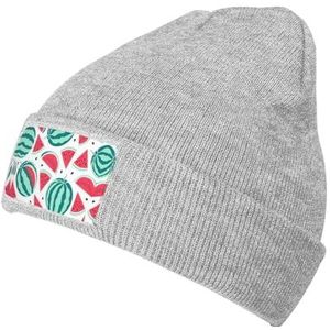 Fruits Watermeloen Print Mutsen voor Winter, Slouchy Mutsen voor Vrouwen Mannen, Gebreide Warme Winterhoeden voor Vrouwen, Grijs, Eén Maat