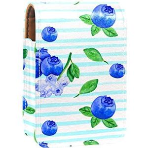 Lipgloss Houder Lipstick Case Draagbare Mini Lipstick Opbergdoos Reizen Lipstick Organizer Case met Spiegel voor Vrouwen Blauwe Streep Blueberry, Meerkleurig, 9.5x2x7 cm/3.7x0.8x2.7 in