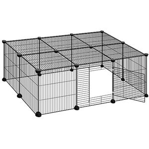 ELIGHTRY Huisdierbox, cavia, konijn, hamster, konijn, puppy, kat, metalen oefenomheining, loopkooi metaal met deur, 16 panelen, zwart, 109 x 74 x 39 cm