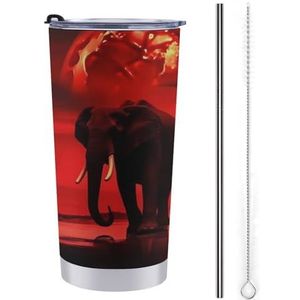 AQRJLPM Rode Volle Maan Olifanten Auto Cup Roestvrij Staal 20oz Tumbler met Stro en Deksels Lekvrij Geïsoleerde Roestvrij Staal Reizen Koffie Mok Pobtable voor Koude Warme Dranken Camping
