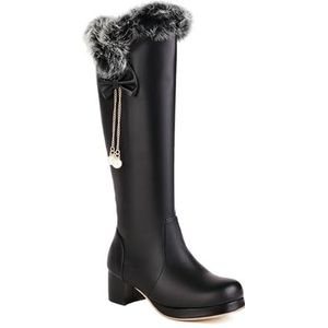 Hoge Studentenlaarzen Met Pluche Revers Zoete Laarzen Met Lange Schacht Strikjes + Parel Elegante Winterlaarzen Met Blokhak Warme Pluche Gevoerde Snowboots PU-leer Feestschoenen for Dames (Color : Bl