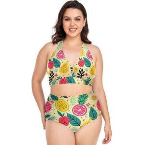 Abstracte Tropische Vruchten Geel Vrouwen Bikini Sets Plus Size Badpak Twee Stukken Hoge Taille Strandkleding Meisjes Badpakken, Pop Fashon, XXL