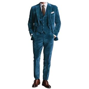 Heren 3-delig fluwelen pak corduroy pakken twee knopen smoking slim fit luxe blazer feest diner jas & broek, Pauw, 48
