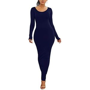 Maxi-jurk voor dames, elegant, lange mouwen, bodycon, avondjurk, Blauw., XL