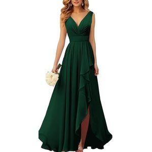 KURFACE Bruidsmeisjesjurken met V-hals, met split en ruches zonder mouwen, chiffon bruidsmeisje avondjurk, Emrald Groen, 32