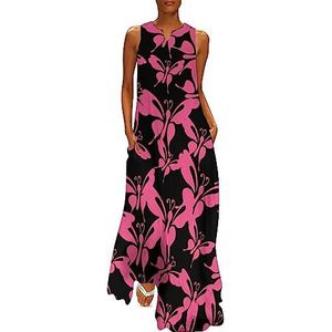 Roze vlinder dames enkellengte jurk slim fit mouwloze maxi-jurk casual zonnejurk 4XL